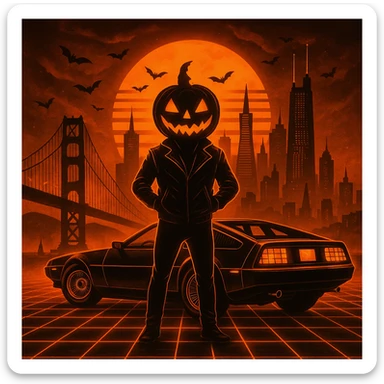 Make the head of the person a halloween pumpkin, make the entire image feel like Halloween retro, make the cityscape san francisco sticker
