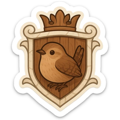 fantasy crest featuring a wren, wood textures, alabaster stone, heraldic style, emoji style sticker