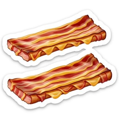 Cinematic crispy sizzling bacon, slightly curled, golden-brown with a perfect crunch, glistening with rich flavor, deep warm tones, served on a breakfast plate, comforting and indulgent. sticker