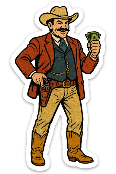 The full body of a wealthy cattle baron cowboy from the American West in the 1860s.  sticker