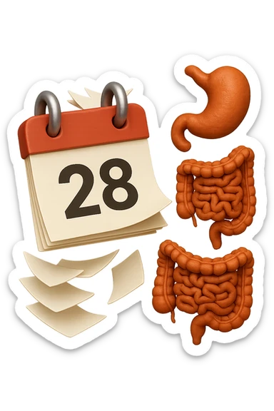 emoji stile iphone di un calendario con fogli che volano insieme a pezzi anatomici di colon umano, iperrealistico 4k, isolato su sfondo bianco sticker