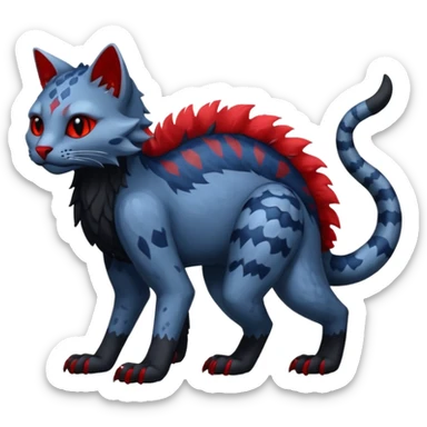 midnight blue-gray-black, with red markings, white belly, scaley scaly batty feline-like quadrupedal digitigrade furry feral Bastet-Noibat-Gatomon-Garchomp-Digimon-Fakémon-Pokémon-creature (full body) sticker