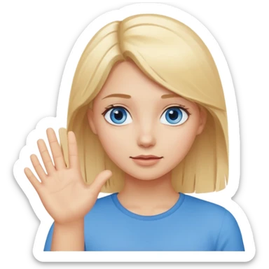 girl with blonde hair and blue eys with heands telling what  sticker