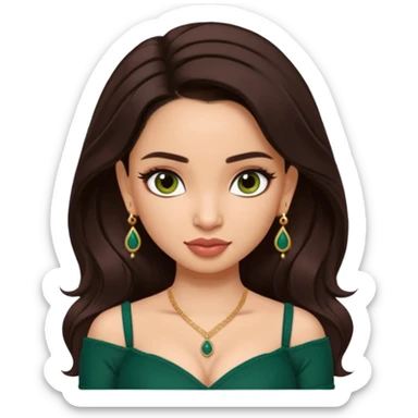 pretty bratz genmoji that looks like tamannah bhatia (bollywood actress), wearing a dark green sweetheart neckline top, dark brown hair, light makeup, no necklace, dangly earrings, side hair part, dark brown eyes, with tattoos sticker