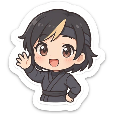 chibi ninja girl with black short hair and a blonde streak, big head, small body and arms, not overly round or infant-like, cute and playful, anime-style face with large expressive eyes, small nose and mouth, subtle blush, hand fully raised, waving, smiling, pastel colors, soft shading, clean outlines, no mask sticker