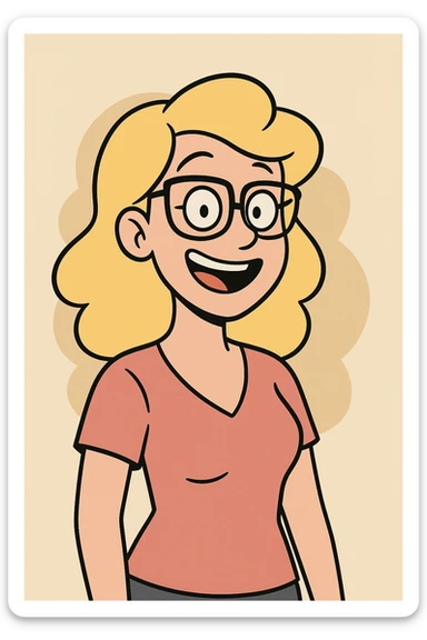 cartoon style blonde woman with glasses, cheerful expression sticker