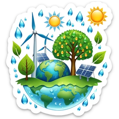 An icon featuring a green Earth, a tree, recycling symbols, and renewable energy sources like wind turbines, solar panels, and hydropower. The design includes animals, water droplets, and the sun, representing ecology, sustainable energy, and environmental protection. Transparent background. sticker