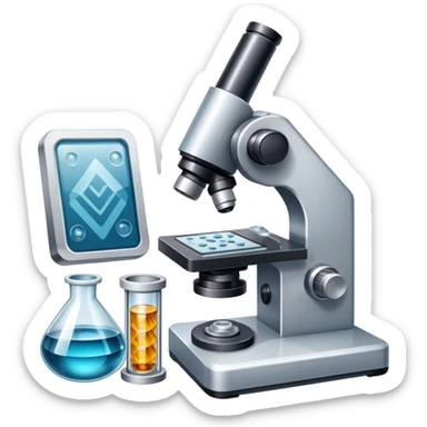 An icon featuring an electronic microscope, a metal alloy, and a crystal structure, symbolizing materials science. The design includes different materials like metals, ceramics, and polymers, alongside a stamp representing testing and quality control. Transparent background sticker