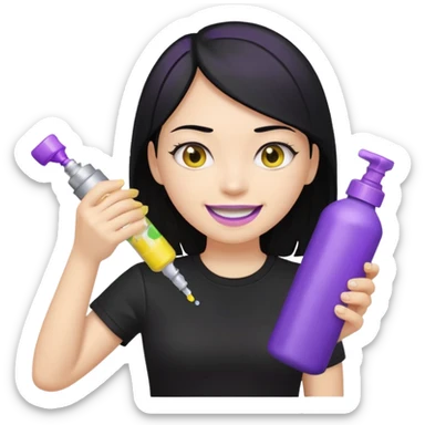 a girl with black hair, black t-shirt, yellow teeth, holding only a purple and silver spray bottle, no other objects, genmoji emoji style, reference the attached can sticker