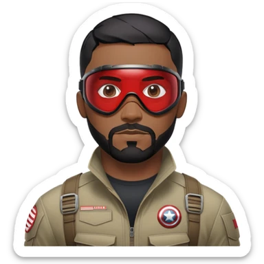 sam wilson have a short, neatly cropped black hair. It is evenly trimmed and close to the scalp, maintaining a clean and military-inspired and  a well-groomed beard that connects to his mustache,  wear sleek, red-tinted tactical goggles fit snugly from captain america: civil war sticker