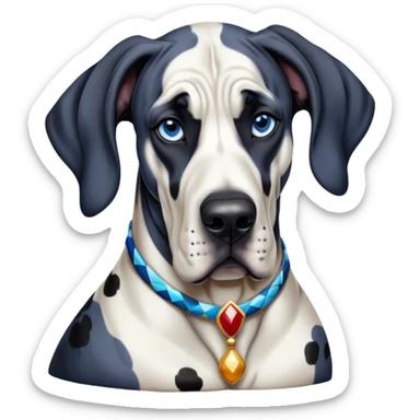 Cinematic Noble Harlequin Great Dane Portrait Emoji, Poised and regal, with a towering, muscular build and a striking coat of predominantly white with bold black patches, deep-set soulful blue eyes, Simplified yet sharp and sophisticated features, highly detailed, glowing with a soft, dignified glow, high shine, intelligent and loyal, stylized with an air of majesty, focused and attentive, soft glowing outline, capturing the essence of a watchful and confident guardian, so majestic it feels as though it could stride out of the screen with effortless authority! sticker