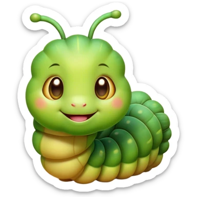Cinematic Cute Caterpillar Portrait Emoji, Head tilted playfully and inquisitively, featuring a small, fuzzy body with rounded, plump segments, soft, endearing eyes and a charmingly wiggly movement, Simplified yet irresistibly adorable features, highly detailed, glowing with a warm, inviting green glow, high shine, affectionate and lively, stylized with a touch of whimsical woodland charm, soft glowing outline, capturing the essence of a mischievous caterpillar that seems as if it could crawl out of the screen into your arms! sticker