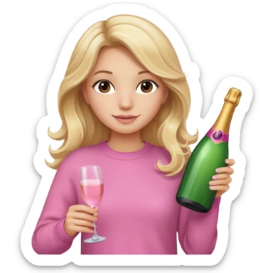 girl with long blonde wavy hair, pink sweater and brown eyes with bottle of pink champagne sticker