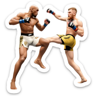 An MMA showdown between Conor McGregor and Anderson Silva in the octagon. McGregor is preparing a striking kick, while Silva is in a defensive stance. The background features the UFC octagon with cheering fans and intense energy. Transparent background  sticker