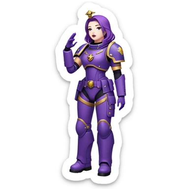 Stunning woman in purple , space marine, full body forward-fashion pose, sending air kiss sticker