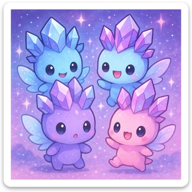 kawaii chibi style group of crystal sprite creatures in purple, blue, and pink, with tiny magical wings, playing together, magical background, adorable and fun sticker
