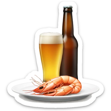 a glass of beer next to a plate of shrimp sticker
