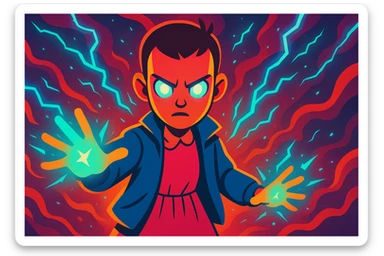 Stranger Things inspired character using supernatural powers like Eleven, glowing effects and telekinetic energy, vibrant toon style, wide aspect ratio 16:9 sticker