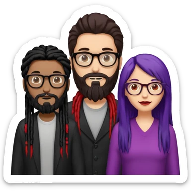 Three people standing together: on the left, a man with long hair, glasses, and a beard; on the right, a man with black dreadlocks with a red accent; in the center, a woman wearing glasses with violet-and-black hair sticker