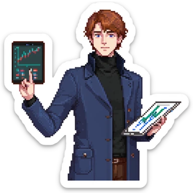 Flat pixel art, bold and charismatic male leader, Caucasian, short auburn hair, sharp eyes, wearing indigo coat over black turtleneck, one arm raised giving direction, holding tablet with graphs, waist-up, front-facing sticker