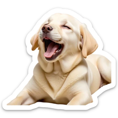 Cinematic Cute Yawning Cream Labrador Portrait Emoji, Head tilted slightly with a dramatic, wide-open yawn, showcasing a smooth cream Fur with a subtle shimmer, floppy ears slightly drooping, round warm eyes barely open in drowsy contentment, Simplified yet irresistibly adorable features, highly detailed, glowing with a soft, cozy glow, high shine, relaxed yet expressive, stylized with a touch of whimsy, bright and endearing, soft glowing outline, capturing the essence of a sleepy yet affectionate companion, so drowsy it feels like it could stretch out of the screen and curl up for a nap! sticker