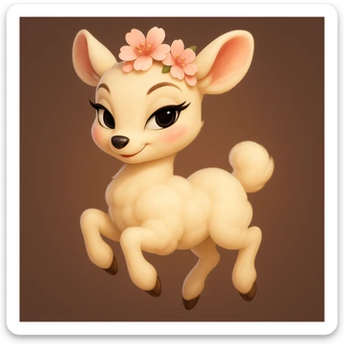 Refine this feminine vanilla cloud doe with rosy cheeks and cherry flowers on its head, floating gracefully, in a Pixar art style. Enhance its appeal as a social media brand mascot by emphasizing confidence, charm, and subtle allure, while keeping it tasteful and suitable for all audiences. Add a touch of brand identity polish. The style should reflect Pixar animation aesthetics. sticker