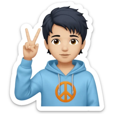 An indian boy in a light blue hoodie with wavy flow hairstyle showing peace sign, with black hair color sticker