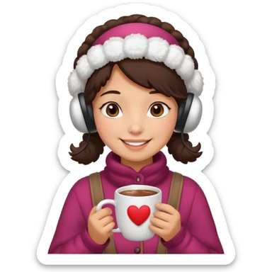 A cozy vendor with fluffy earmuffs, handing out steaming cocoa with a warm smile. sticker