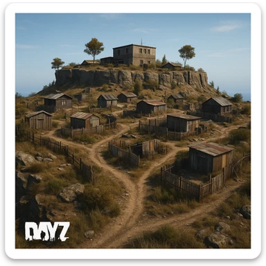 A small hilltop mesa city in the videogame dayz, screenshoot  sticker
