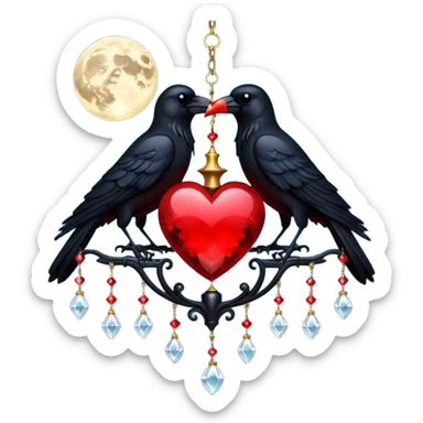 red heart with a black raven, moon, and chandelier crystals, dark romance sticker