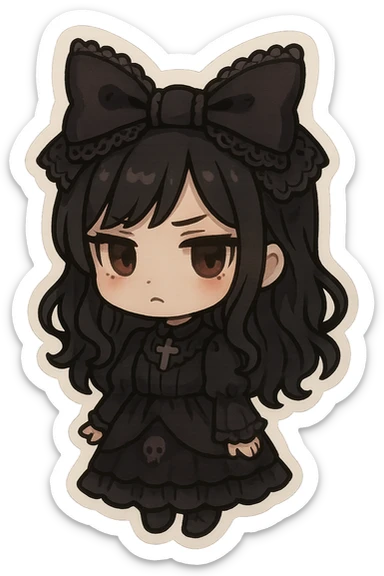 gothic style bow, black lace, dark elegant, subtle skull or cross motif, moody atmosphere, chibi style sticker