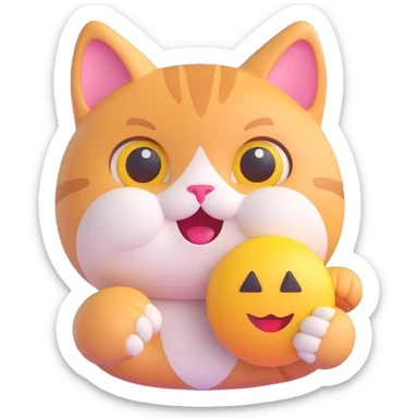 realistic 3D style cute cat holding a 3D emoji, detailed fur texture, shiny eyes, warm and friendly expression sticker
