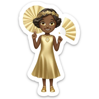 Smiling little girl in a gold Gatsby style dress with a gold piece around her head and a white hand fan sticker
