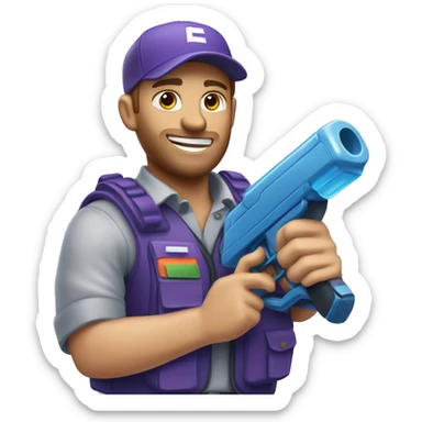 Caucasian Fedex express delivery driver with a water gun sticker
