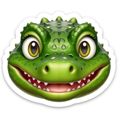 Cinematic Realistic Cute Crocodile Portrait Emoji, Head tilted playfully and inquisitively, featuring a robust, well-defined build with intricately detailed, glossy olive-green scales and a surprisingly endearing face with round, sparkling eyes full of unexpected charm, rendered with lifelike texture and natural highlights, high shine, affectionate and spirited, styled with a touch of wild whimsy, soft glowing outline, capturing the essence of a mischievous yet lovable crocodile that seems poised to snap playfully out of the screen into your arms! sticker