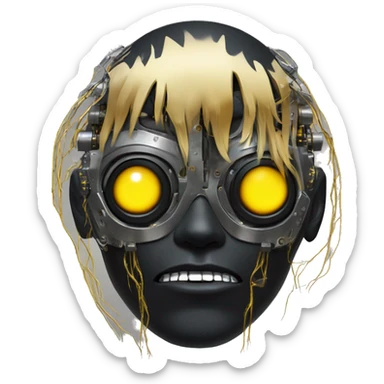 black metal male cyborg head with artificial eyeball, circuitry and wispy yellow gold hair sticker