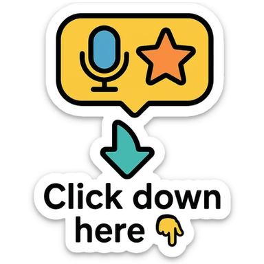 colorful icon showing a chat bubble with a microphone and a star, representing ChatGPT for speaking and scoring, with a playful arrow pointing down and the text: 'Click down here 👇' in a friendly, modern style sticker