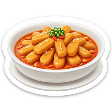 Cinematic Realistic Tteokbokki Dish Emoji, showcasing spicy, chewy rice cakes in a fiery sauce rendered with lifelike detail and bold, dynamic lighting. sticker