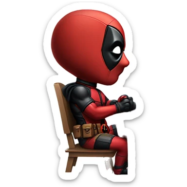 Cute Deadpool sitting at a desk, front view sticker