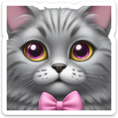 fluffy gray little cat with big eyes and a pink bow sticker