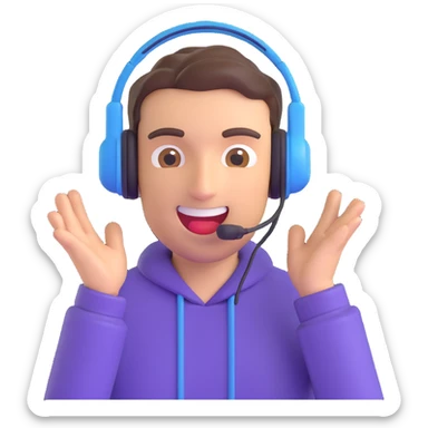 excited streamer with headset, purple theme, streamer emoji for Twitch sticker