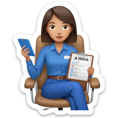 Generate an emoji of a female AI ethicist in blue shirt brown pant sitting in a chair and has a checklist stating AI ethics elements like stop bias, fairness score sticker