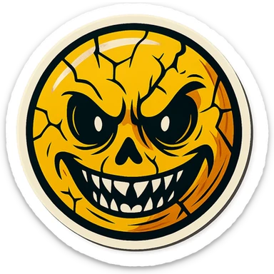 creepy scary emoji with cracks, retro stickers style, sharp black outlines, expressive shadows and highlights, no gradients, only sharp color transitions sticker