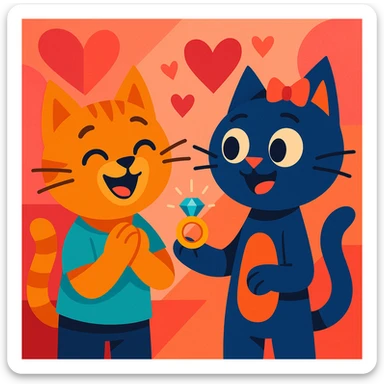 happy cat couple, one cat holding a ring, the other surprised and happy, romantic atmosphere sticker