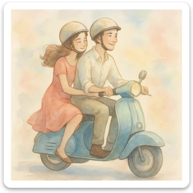 watercolour style, couple on a vintage scooter, pastel background, gentle brushstrokes sticker