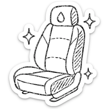 hand-drawn outlined icon of a luxury car seat in matte black with a small droplet or shield on the headrest, elegant stitching, minimalist lines, extra shine and sparkles, clean and modern sticker