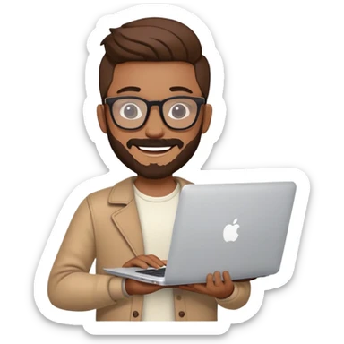 smiling hipster man with MacBook with glasses sticker