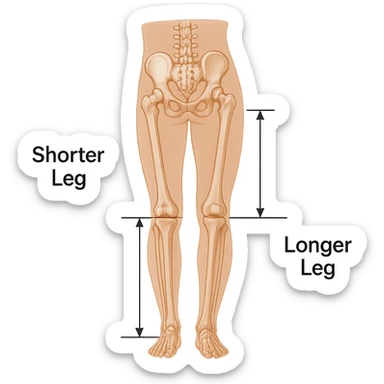 Medical style hyperrealistic posterior view highlighting very clearly the difference in leg length: one leg visibly shorter than the other. Add arrows, reference lines, and an anatomical caption to make the concept immediately understandable. No background. Variation 4. sticker