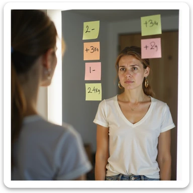 adult woman, photorealistic, in front of mirror with post-it notes showing weight variations ('-2kg', '+3kg', '-1kg', '+2kg'), puzzled expression, natural light, bathroom background sticker