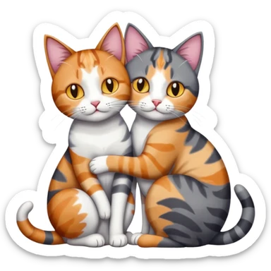 full body colourful light patched calico + white tabby cat cuddling a bigger cat that is dark grey and white tabby cat  and they are in love sticker